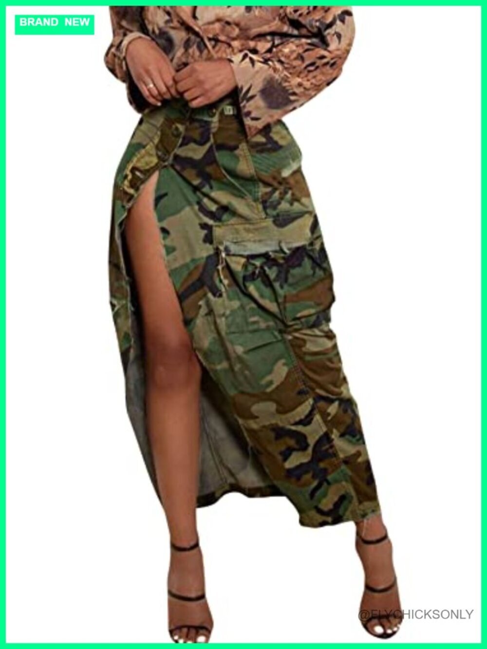 Camo Cargo Skirt Maxi Pencil with Pockets Button Slit